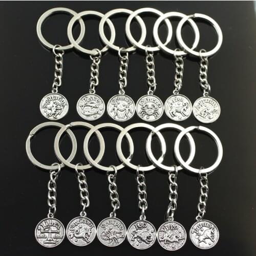 12types Fashion Key Ring Metal Key Chain Keychain Silver Color Zodiac Vigro Aries Cancer Leo Libra Pisces Gemini Vigro Pendant