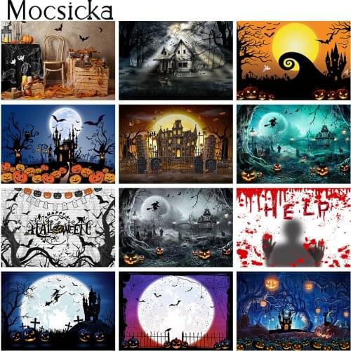Halloween Party Backdrop Decorations Pumpkin Lantern Full Moon Castle Background Bats Ghost Halloween Photography Photo Shoot