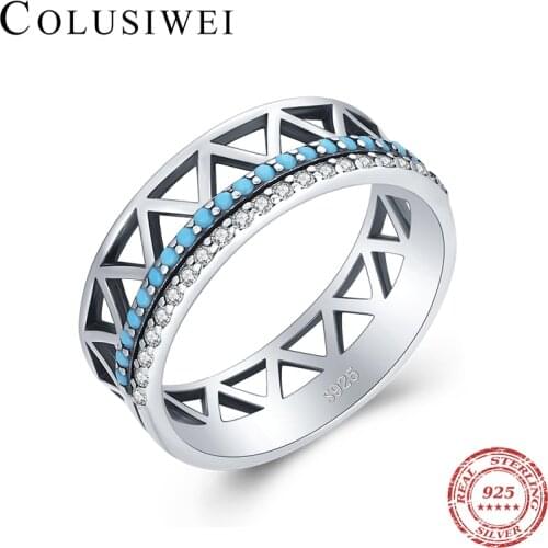 Colusiwei Vintage Turquoise Ring 925 Sterling Silver Jewelry for Women Exquisite Clear CZ Anniversary Gift Statement Jewelry