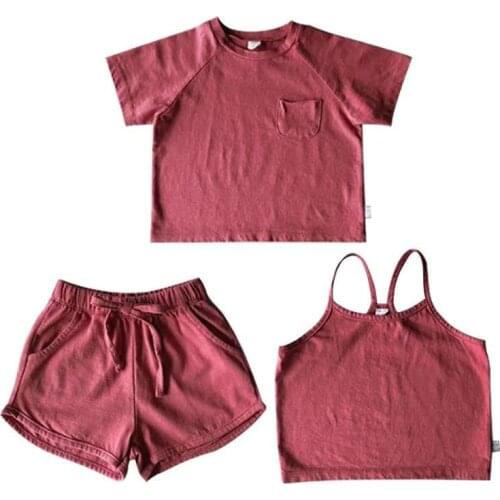 2021 Summer Korean Baby Clothes Set T-shirt+Strap Shirt+Shorts Solid Colour Cotton Kids Boys Girls Outfit
