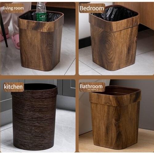 Retro imitation wood grain trash can household creative living room kitchen bathroom paper basket plastic with pressure ring