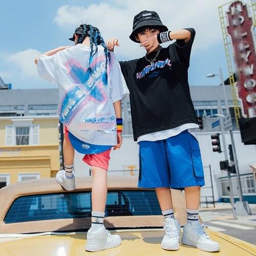 2021 Jazz Dance Performance Costumes Boys Girls Moder Dance Hip Hop Clothing Children Loose Short Sleeved Shorts Suit DQS6930