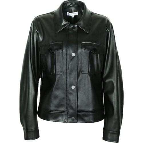 Autumn Black Soft Faux Sheepskin Short Coat Vintage Ladies Loose Zipper Crop Faux Leather Jacket Female Long Sleeve Tops Cuero