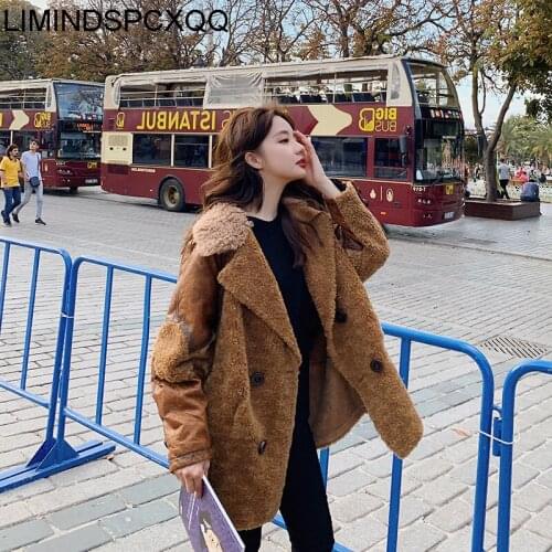 Winter Lamb Wool Coats Female Coffee Color Matching Double-Breasted Grain Velvet Fashion Lapel Retro Cotton Women Jacket Clothes