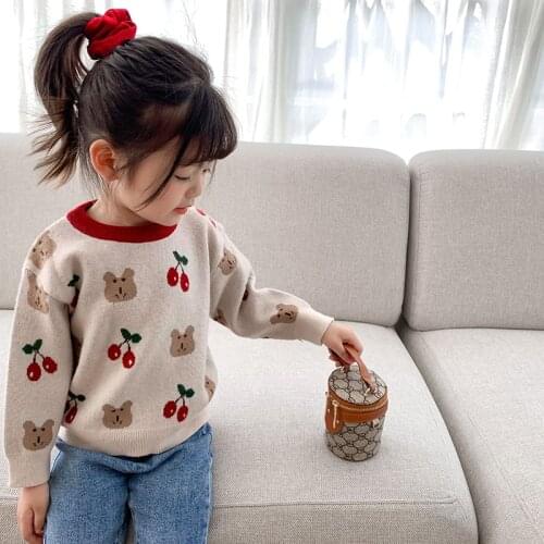 New Girls' Cartoon Pullover Sweater Baby Girl Cherry Bear Knitted Long-sleeve Sweater Cute Base Shirt Baby Girl Clothes
