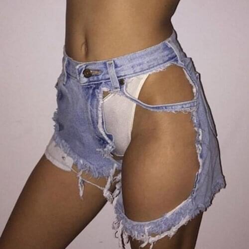 Big Hole Ripped Women Denim Shorts Short Jeans Sexy Girls Scratched Bleached Moustache Short Pants Trousers Streetwear Blue