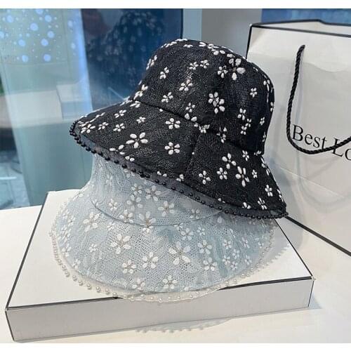 New Net Red Solid Thin Lace Hat Summer Breathable Shade Bucket Hat Pearl Fashion Fishermans Hat Women Sunscreen Basin Hat