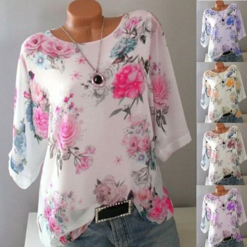Plus Size S-5XL Womens Boho Floral Tops T Shirt Short Sleeve Loose Casual New