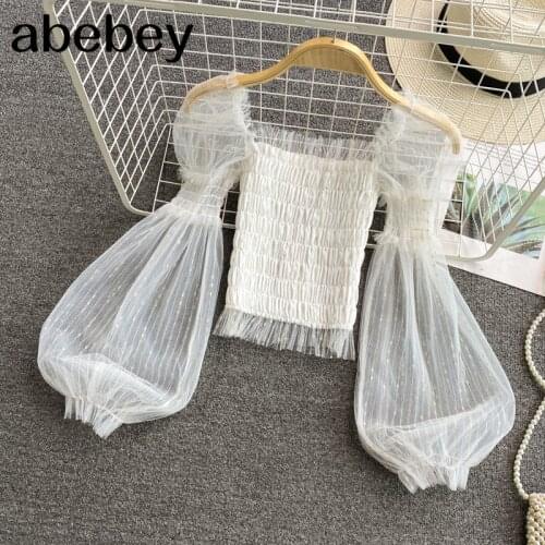 2021 New Summer French Fashion slash neck Lantern sleeve Shirt pleated waist mesh patchwork solid short Shirt Top