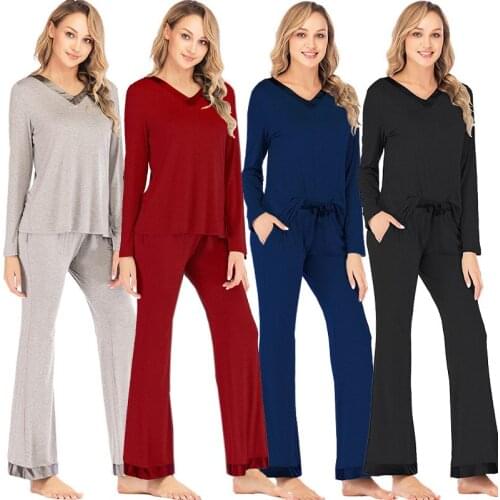 Witbuy Modal Sleepwear Women Pajama Sets Autumn Long Sleeve Solid Homewear V Neck Female Night Wear For Women 2PCS 2020 New
