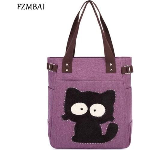 FZMBAI Women Handbag Canvas Bag With Cute Cat Appliques Portable Fashion Ladies Diamonds Shoulder Bags Totes