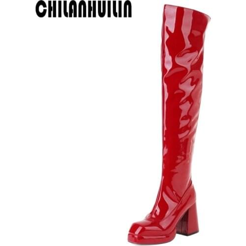 Plus size new 2021 over the knee boots women patent leather thigh high boots platform shoes slim sexy ladies womens winter boot