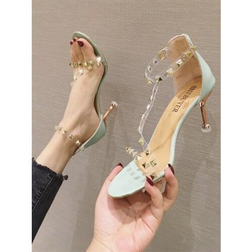 Large size 35-40 womens shoes 2021 new fashion Korean transparent rivet sandals sexy stiletto high heels