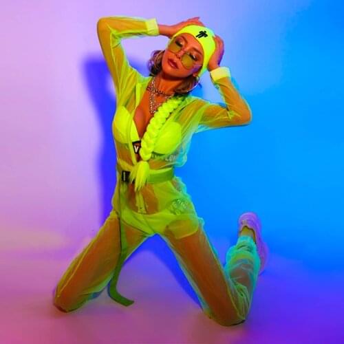 Sexy Gogo Dancer Costume Women Fluorescent Green Bodysuit Jazz Dancewear Pole Dance Clothing Stage Costume DJ DS Clubwear DL6737