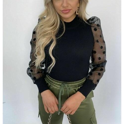 Fashion Splicing Polka Dots Print Transparent Sleeve Sweater Womens Puff Long Sleeve Turtleneck Knitted Pullover Top