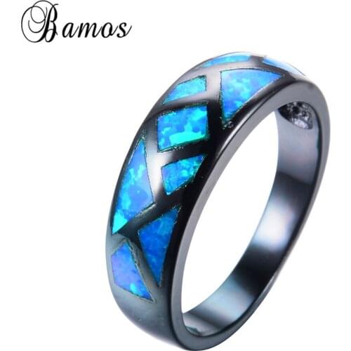 Women Men Geometric Style Blue Fire Opal Ring Black Gold Filled Wedding Party Engagement Ring Unique Jewelry Anillos RB0838