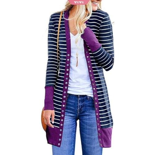 2021 Autumn and Winter New Coat Ladies Mid-length Buttons Striped Fashion Single-Breasted Buttons Long-sleeved Cardigan