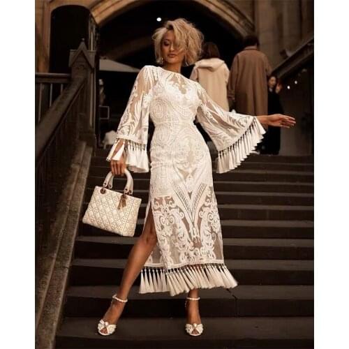 SEXYBOUTIQUE 2019 new long sleeve tassel sequins Embroidery white dress autumn vitange flare sleeve fashion new dress