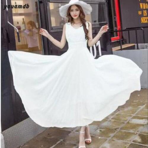 Yauamdb Plus Size S-5xl Women Dress 2017 Spring Summer Chiffon Ladies Sleeveless Solid Long Dress Bohemia Beach Fat Clothes Y48