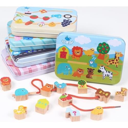 12Pcs/Set Wooden Threading Beaded Toys Fruit Animal Digital Cognition Montessori Cartoon Iron Box Puzzle Toy