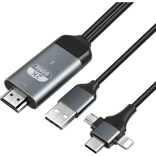 2K@60Hz 3 in 1 Micro USB Type C Lightning To HDMI-compatible Adapter Cable for IPhone Android Phone Screen To TV Monitor