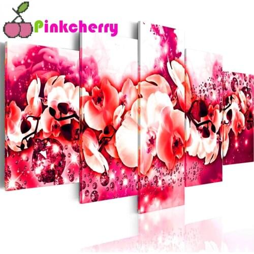 5 panel Diamond Painting Red Orchid New Diamond Mosaic Pictures diamond art With Rhinestones embroidery Flower Wall Art,k557