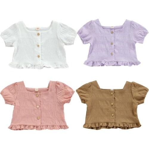 1-6Years Children Girls Blouse Shirts 2021 Summer Kids Baby Clothes Puff Sleeve Square Neck Solid Color Crop Tops Girls Outfits