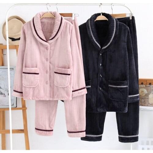 Cute Animal Flannel Pattern Winter Couples Pajamas Set For Women Men Plush Fabric Sleepwear Pyjamas Suit Home Clothing