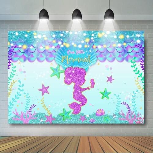 Little Mermaid Backdrop Under The Sea Mermaid Baby Shower Birthday Party Banner Glitter Scale Princess Backdrop for Party Decor