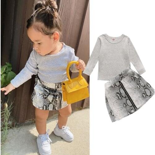 2021 New Baby Girls Fall Spring Clothes Set Long Sleeve Crew Neck Knit T shirt Tops Snakeskin Print Skirt Outfits Set