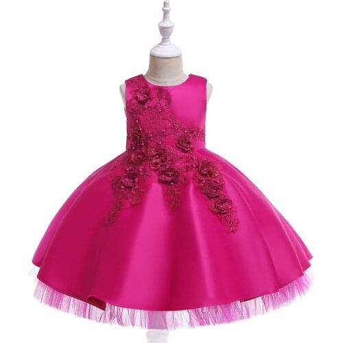 Flower Girls Dresses Kids Sleeveless Flower Applique Bodice Satin Party Dress with Tulle Formal Girls Clothing Vestido