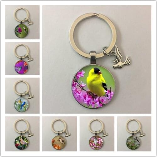 Vintage butterfly flower and bird glass round photo keychain glass cabochon keychain key ring jewelry gift