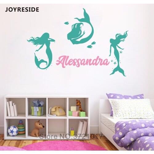 Mermaids With Customed Name Wall Decal Home Baby Girls Room Decoration Kids Gift Wall Sticker Sea Animals Mermaids Design M043