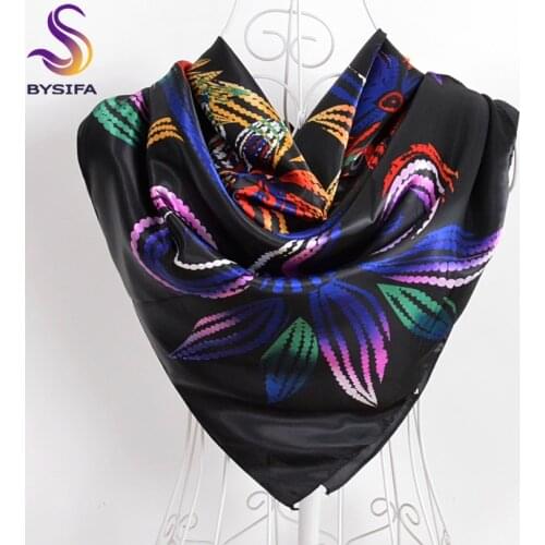 Winter Black Ladies Square Scarves Muslim Headscarves Printed 90*90cm Apparel Accessories Spring Autumn Flowers Satin Silk Scarf
