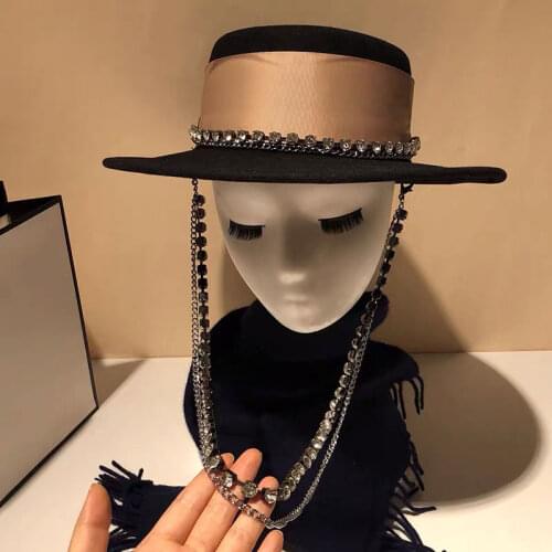 Classical Wide Brim Elegant Black Hat Wool Fedora Winter Warm Flat Top Long Rhinestone Chain Women Hats Church Derby Dress Cap