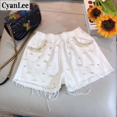 Cyanlee Newest Women Pearl Denim Shorts 2020 High Waist Fashion Cowboy Shorts Street Punk Rivet Skinny Female Tassel Jeans Short