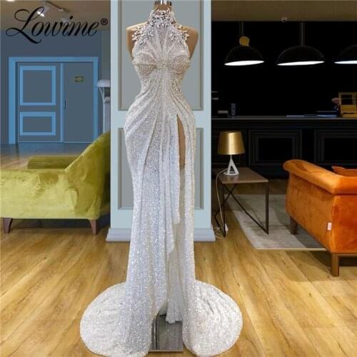 High Low White Sexy Sequins Islamic Evening Dress Kaftans High Split Side Prom Dresses Saudi Arabic Party Gowns For Wedding 2020