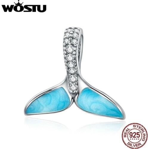 WOSTU New Fashion 925 Sterling Silver Beads Blue Fishtail Zircon Charms Fit Bracelet Pendant For Women Luxury Jewelry CQC1067