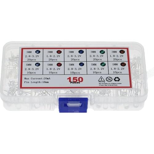 150pcs transparent 150 3mm/5mm plug-in LED lamp beads white red blue green yellow light super bright light emitting diode set