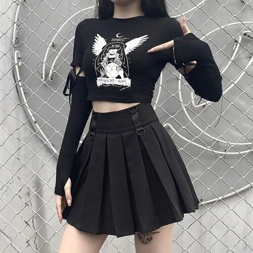 2021 Witch Print Black Retro Punk Tops Womens Gothic Harajuku Spring New Patchwork Long Sleeve Slim T-shirts Fashion Female Top