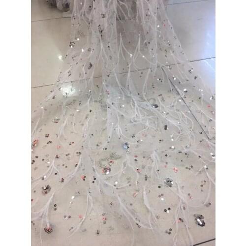 5yards /lot ja002# offwhite/beige feather sequin flower luxury embroidery tulle mesh lace fabric for evening dress/wedding