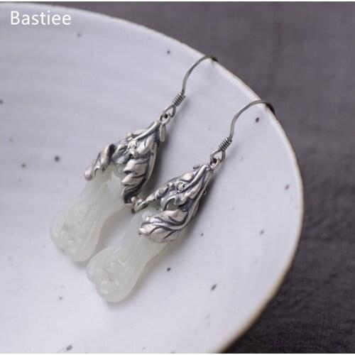 Bastiee Ethnic Earings Fashion Jewelry 925 Sterling Silver Earrings Gifts For Women Drop Earrings Vintage Jade Silver