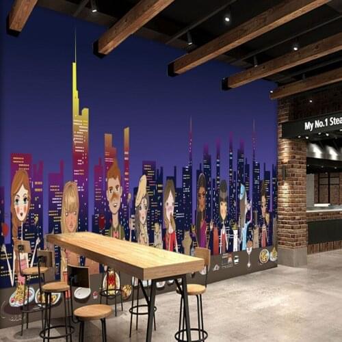 Photo wallpaper European cartoon characters Mural Bar Restaurant Background Wallpaper City Night Mural