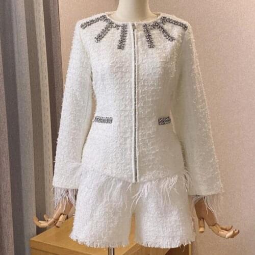 French style small fragrance tweed wool coat light luxury diamond women shorts two piece sets