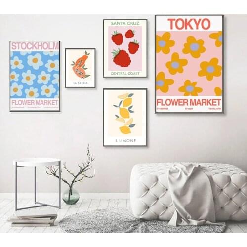 Strawberry Lemon Fruit Flower Market Leaf Canvas Painting Nordic Posters and Prints Wall Art Pictures for Living Room Decoration