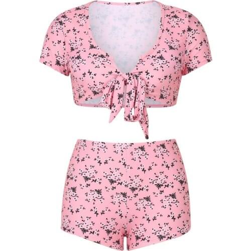 2Pcs Womens Bikini Set Summer High Waist Swimsuit Bathing Suit Short Sleeve Floral Print Tie Knot Front Crop Tops + Shorts