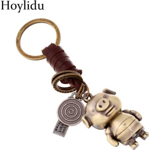 Cartoon Pig Alloy Cow Leather Weaving Mini Pendant Animal Creative Retro Bronze Male Female Couple Small Gifts Bag Accessories