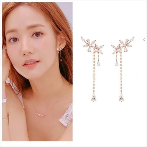 New Style Zircon Flower Water Drop Tassel Metal Earrings Elegant Simple Wild Long Ladies Earrings Temperament Jewelry