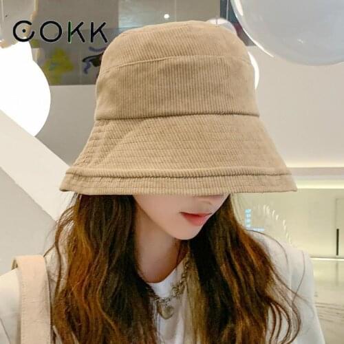 COKK Bucket Hat Women Autumn Winter Beanie Fisherman Cap Corduroy Ear Protection Windproof Sunshade Korean Hat Female Solid New