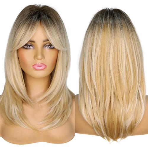Middle Long Wigs for Women Ombre Dark Black Ash Brown Blonde Synthetic Wigs with Side Bangs Cosplay Daily Party Heat Resistant